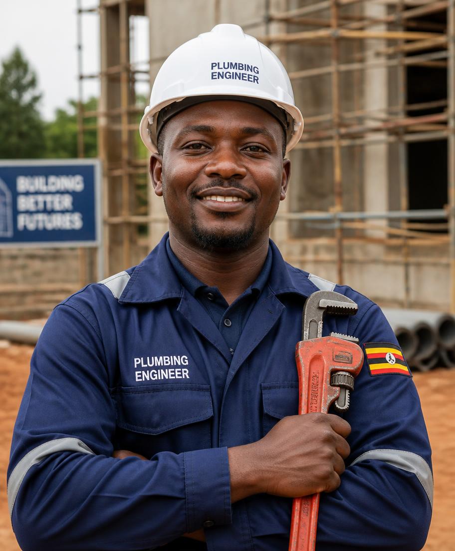 Engineer Divo, plumbing engineer, on site in Kampala holding a pipe wrench