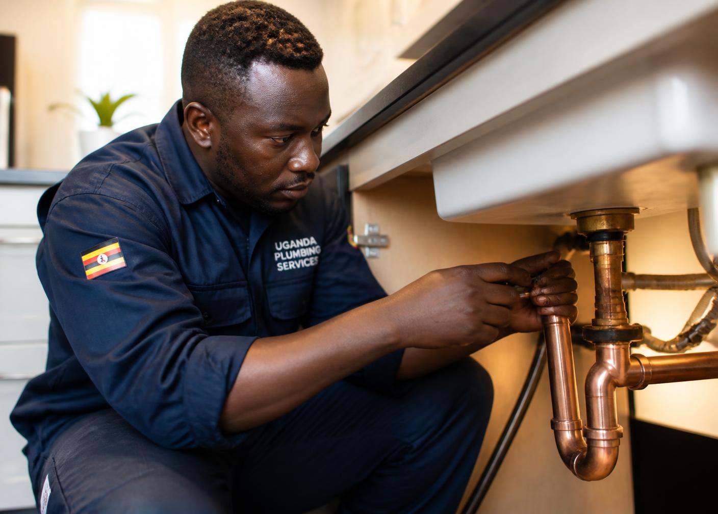 Plumber from Divo Plumbing Services repairing pipework under a sink in Kampala